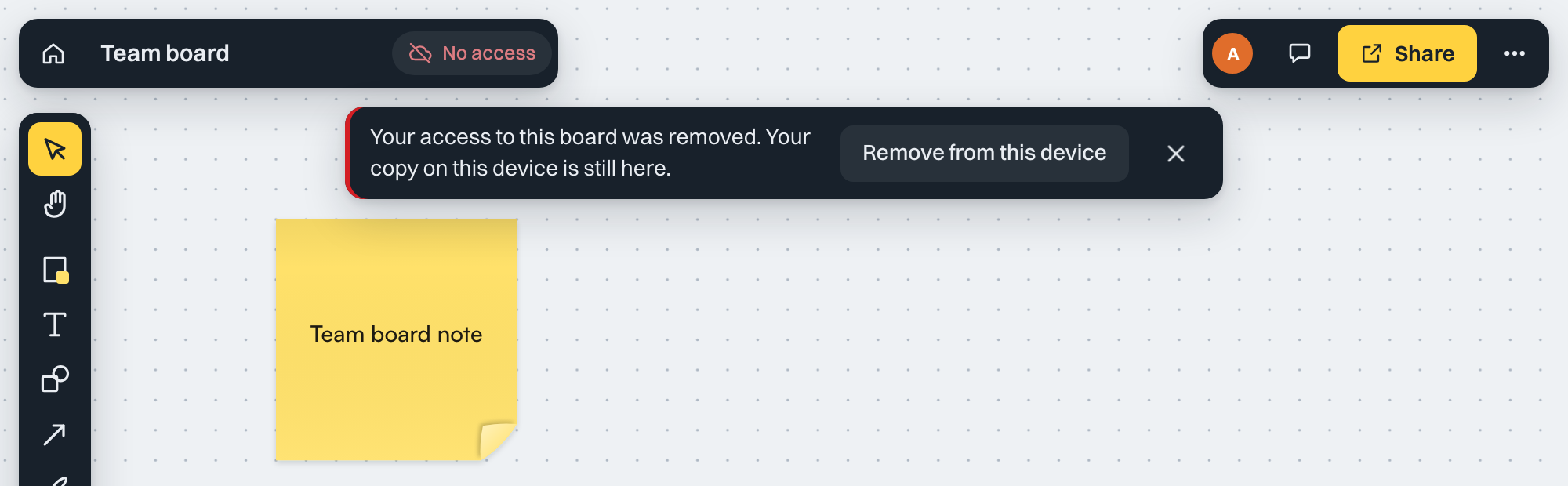 The banner that says your access to the board was removed, with Remove from this device