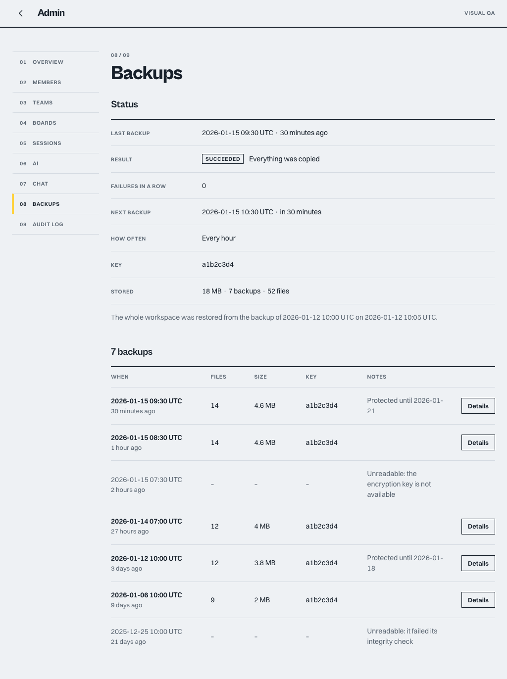 The Backups tab with the status block and the list of backups, one protected and two unreadable
