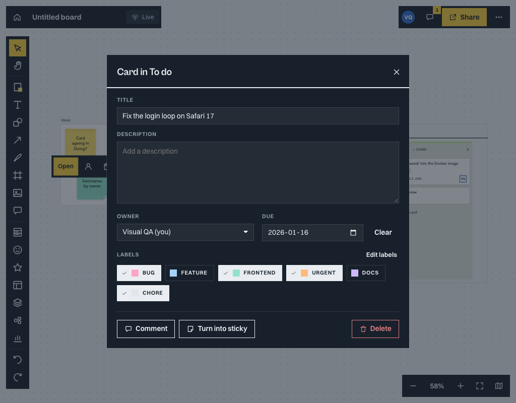 The card dialog with title, description, owner, due date and labels