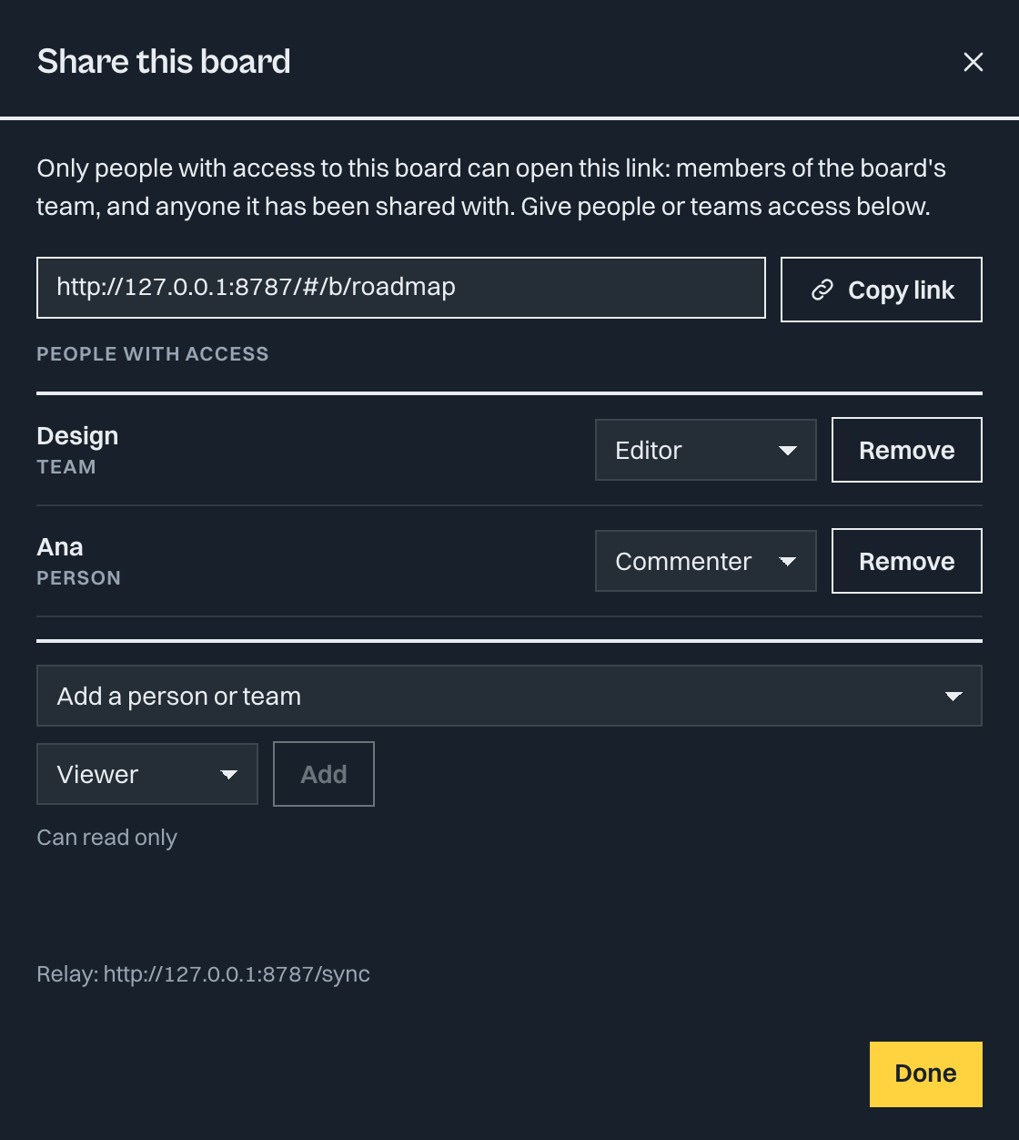 The Share this board dialog showing the team Design as Editor and Ana as Commenter, with the Add a person or team row below