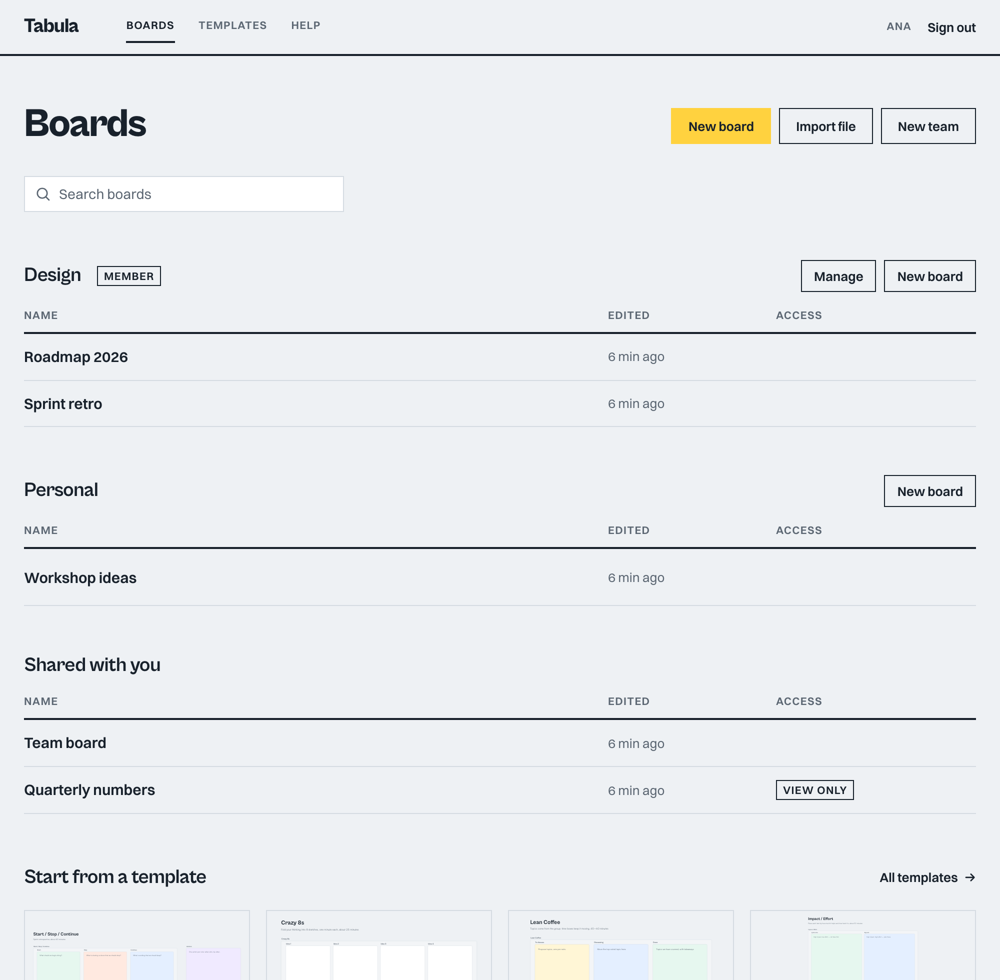 The Boards page of a signed-in member: a Design team section, Personal, and Shared with you with one View only board, then the template row