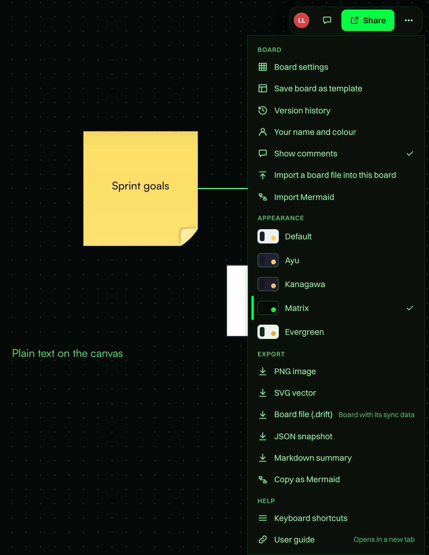 The board menu with the Appearance section open and the Matrix theme active